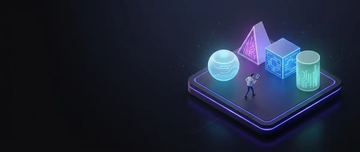 Человек с лупой сравнивает четыре фигуры-ассистента на платформе — выбор аналога нейросети