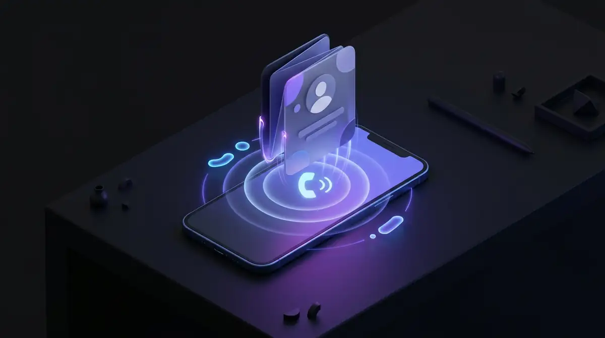 Смартфон с входящим звонком и раскрывающаяся карточка профиля — регистрация перед первым запросом