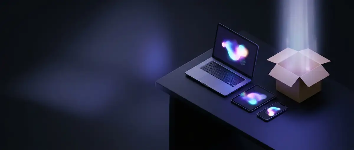 Ноутбук, планшет и смартфон с потоком света загрузки — где скачать приложение Claude